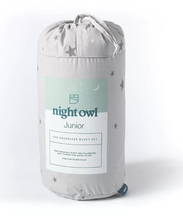 Fine Bedding Night Owl Junior Childrens Grey Coverless Duvet & Pillowcase Set - Single Bed Size
