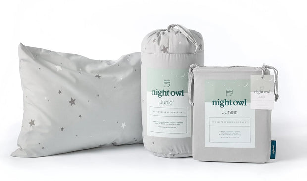 Fine Bedding Night Owl Junior Childrens Grey Coverless Duvet & Pillowcase Set - Single Bed Size
